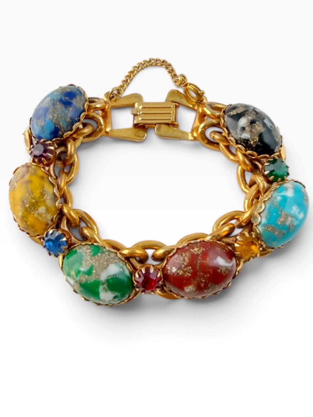 Vintage Multicolor Art Glass Oval Cabochon Rhinestone Chunky Chain Link Bracelet
